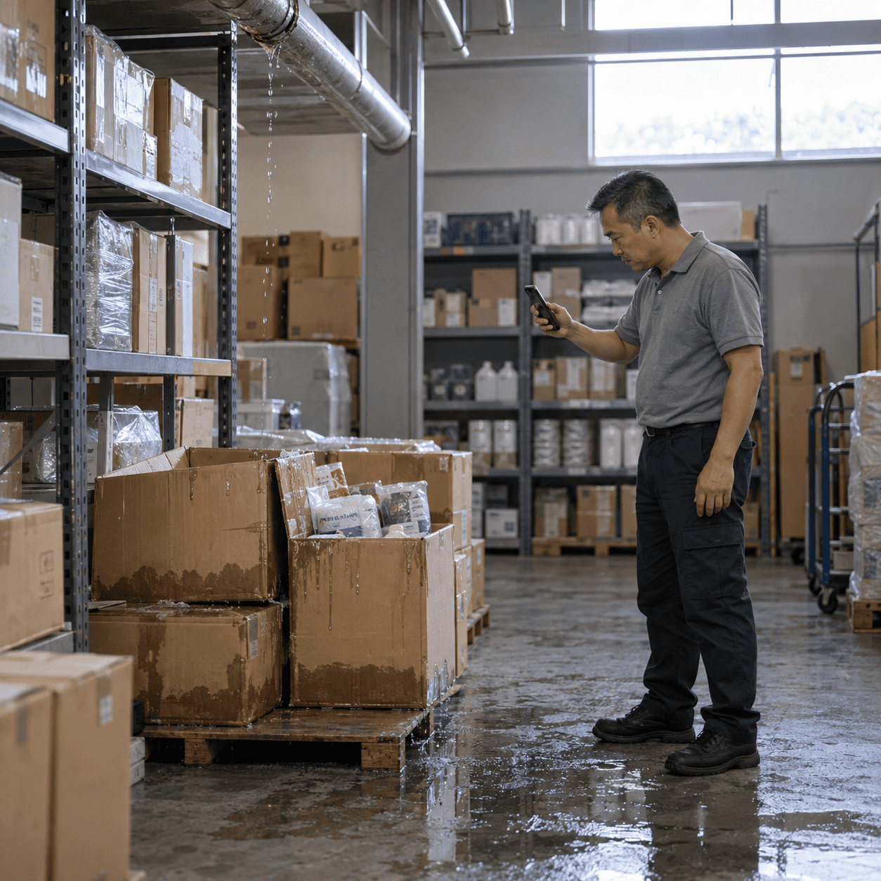 Business owner checking water-damaged stock in a warehouse