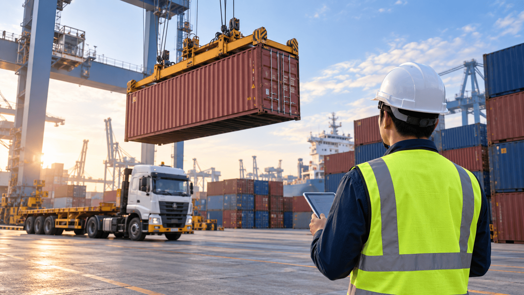 Container being loaded onto a truck at a port