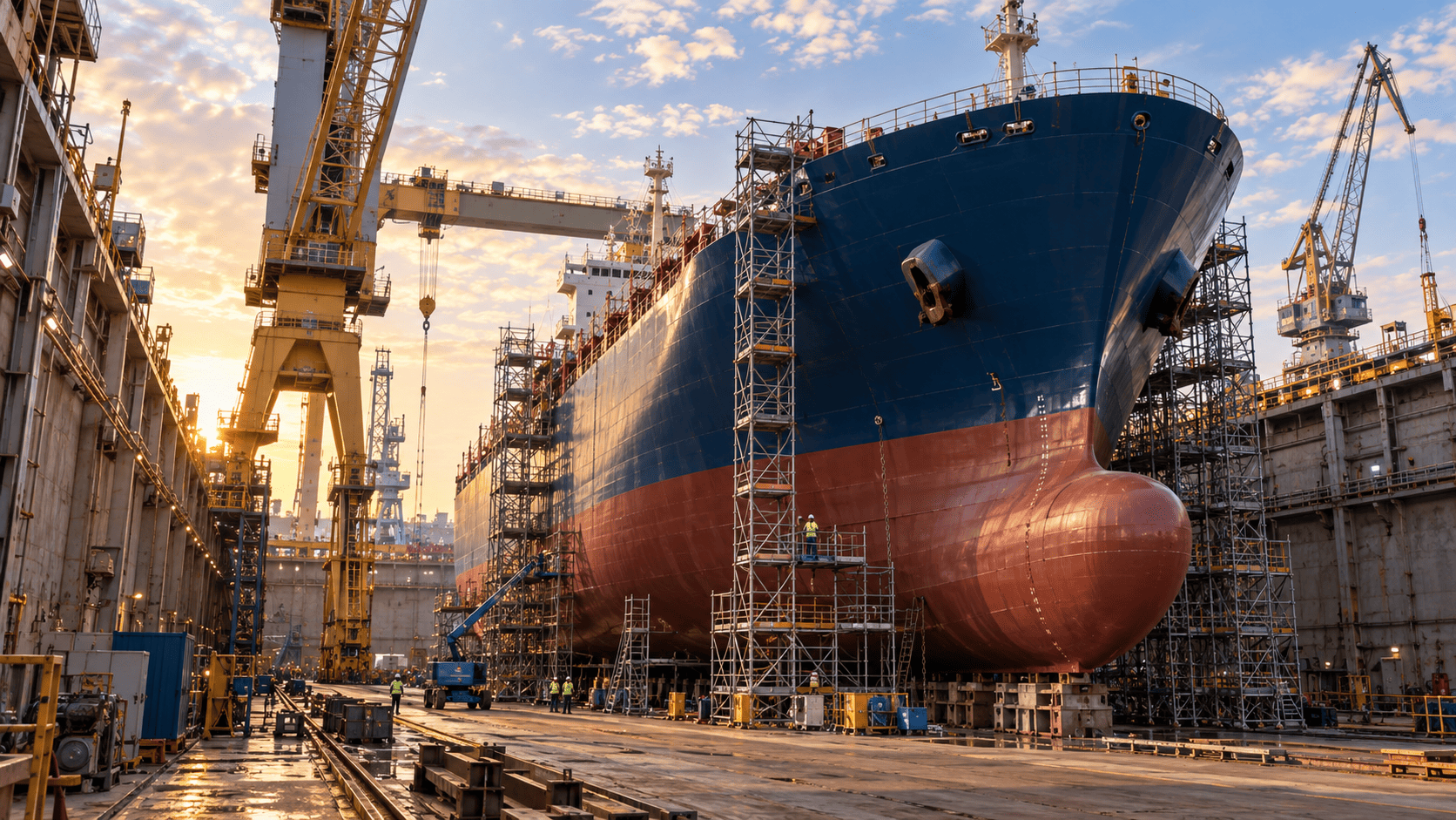 Vessel under repair in a shipyard dry dock